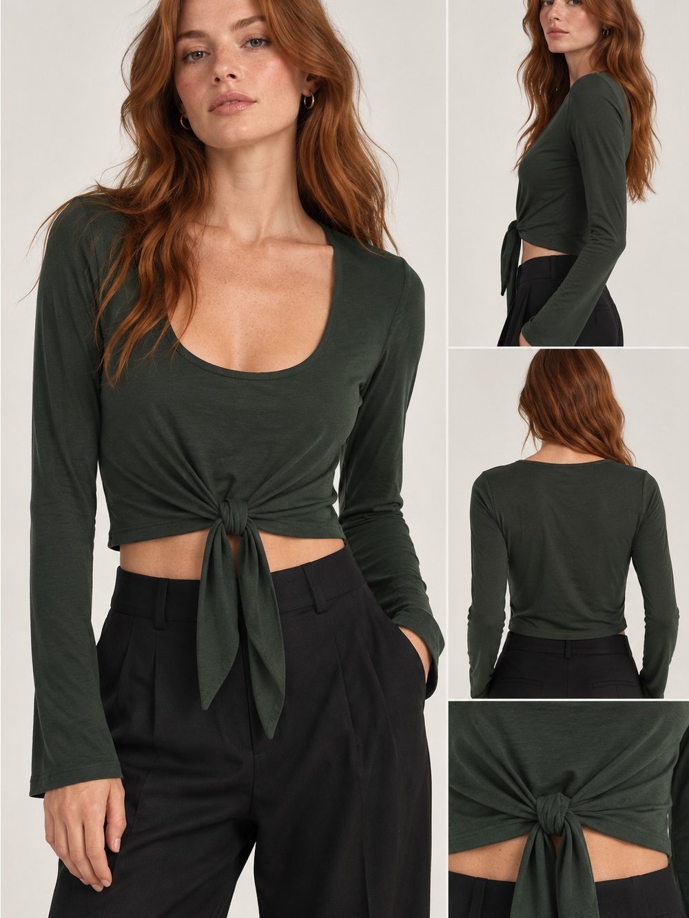 Babaton Dark Green Long-Sleeve Tie-Front Crop Top